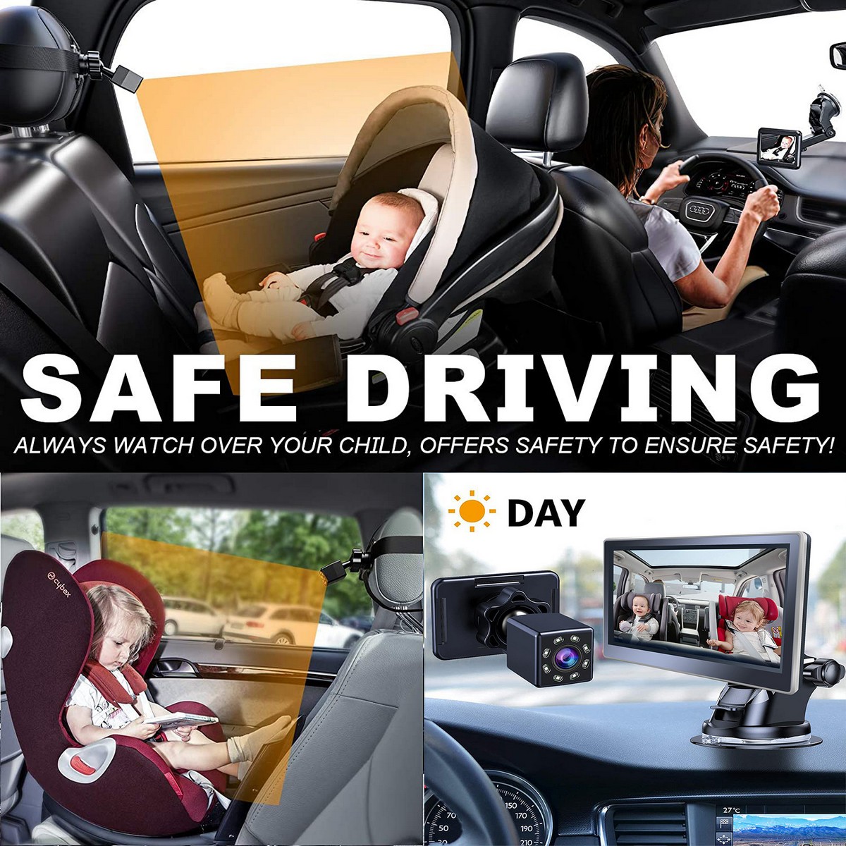 overvågning af børn i bil IR kamera sæt med skærm