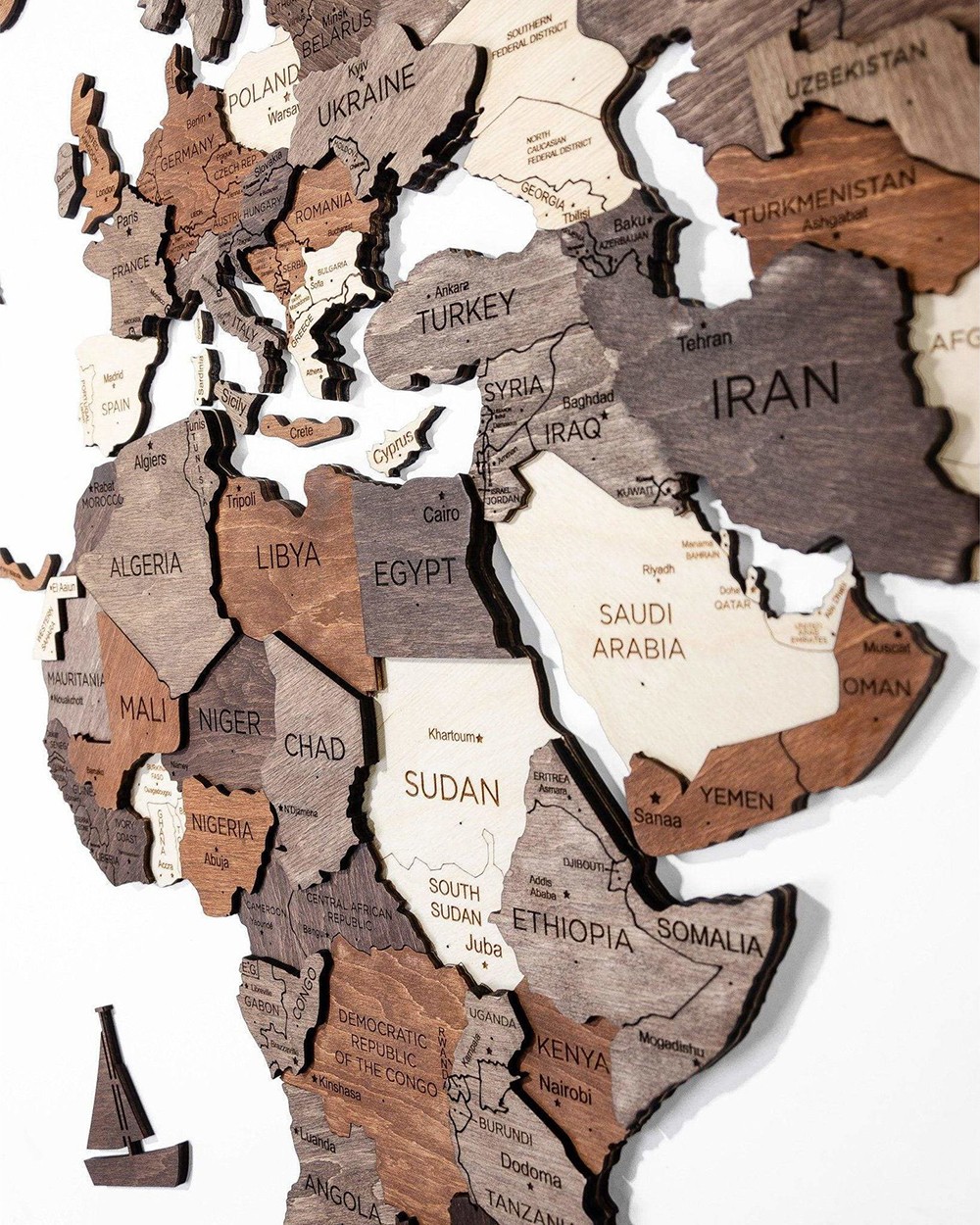 3D væg wodden kort med lande