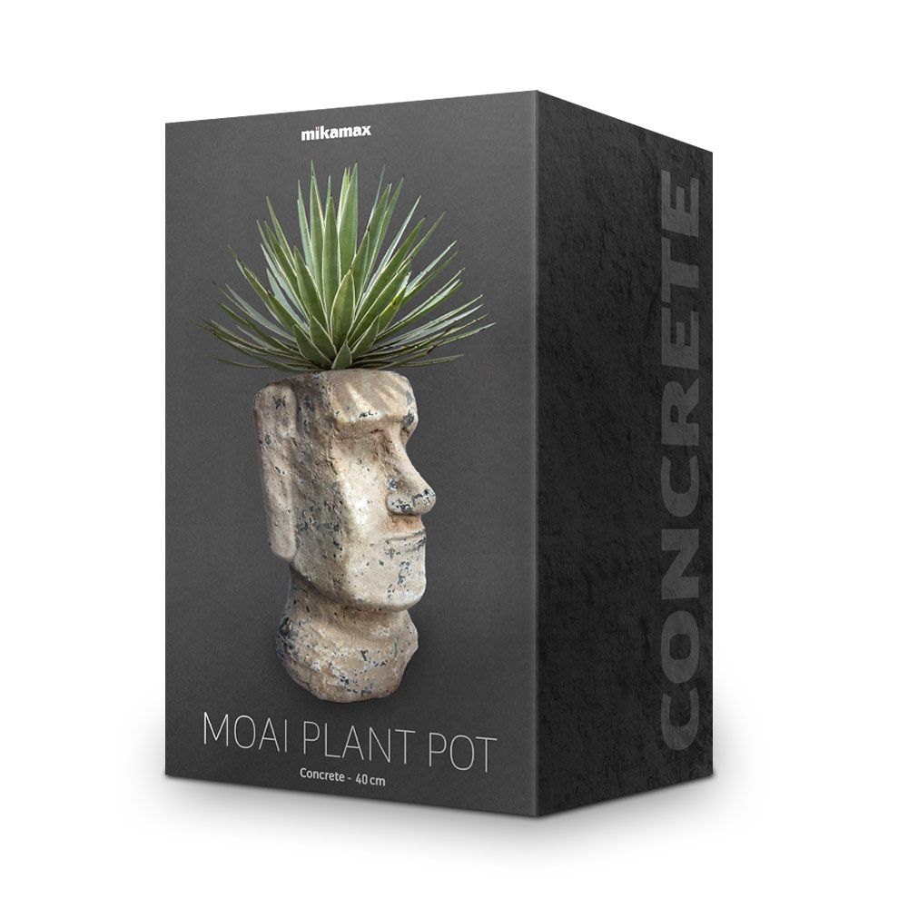 En urtepotte i form af et moai-hoved lavet af stenbeton