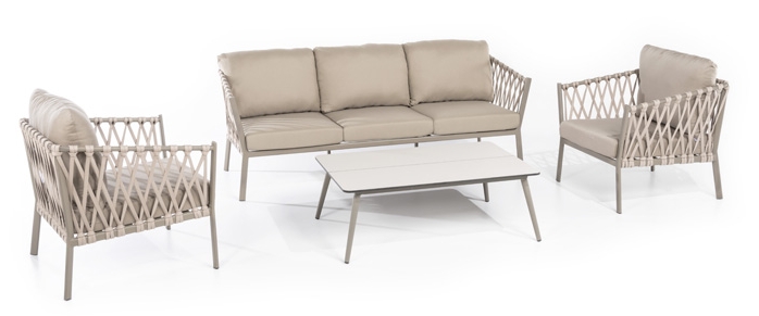 Lette havemøbler i aluminium - cremefarvet med syntetisk vævning