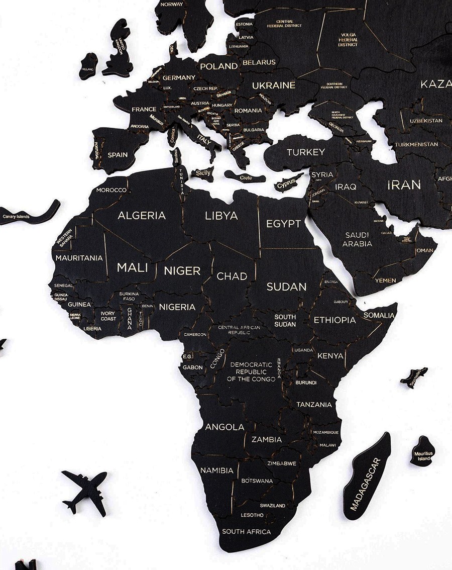 Vægkort over verdens sortfarvede kontinenter