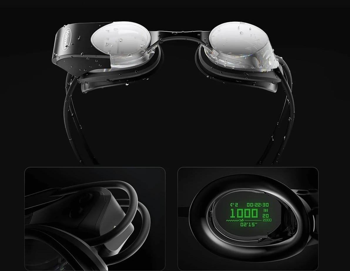 smarte svømmebriller til svømning i virtual reality med display