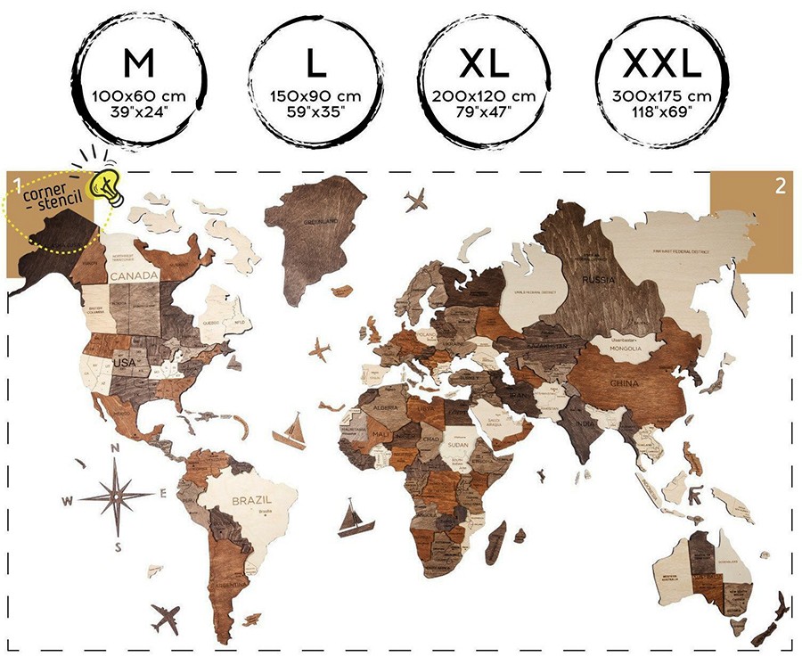 3D-træmaleri af verdenskortstørrelse XXL