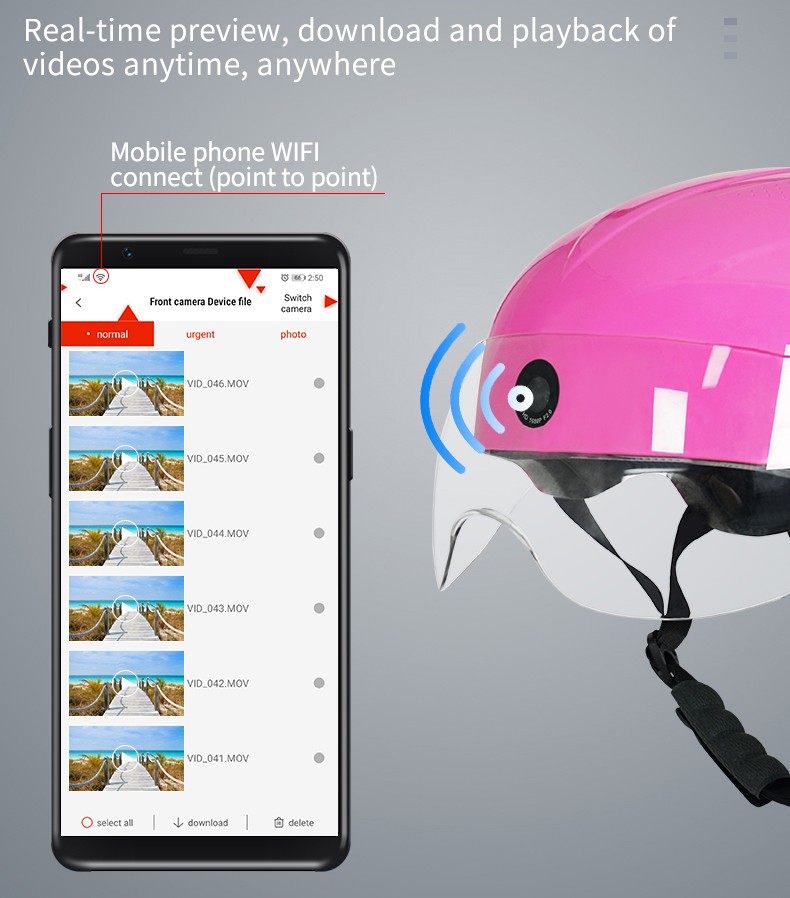 motorcykelhjelm kamera wifi forbindelse via app smartphone