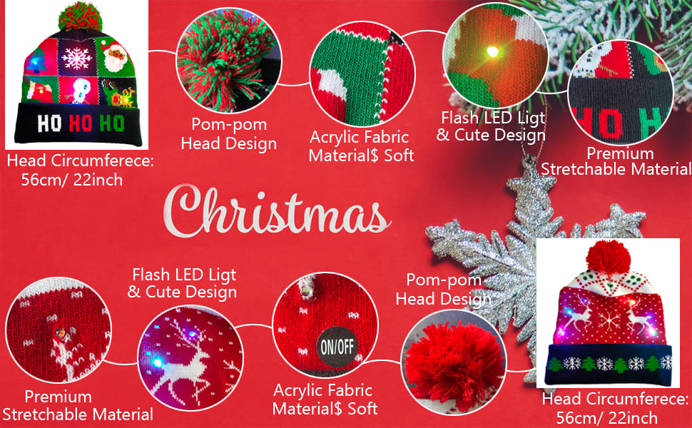 Vinterhue til jul med forskellige motiver (designs) lyser op med LED