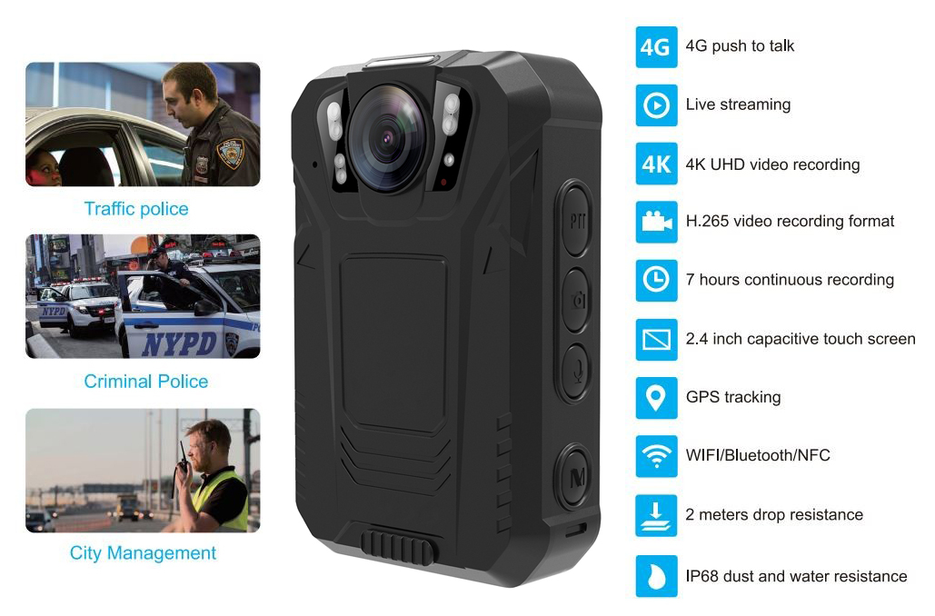 Politi kropskamera 4G body cam wifi bluetooth PTT IP68 NFC